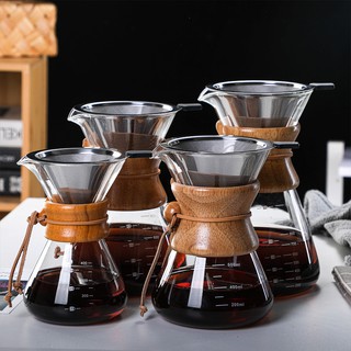Pour Over Coffee Maker, Borosilicate Glass Carafe and Reusable Stainless Steel Permanent Filter Manual Coffee Dripper Brewer with Real Wood Sleeve