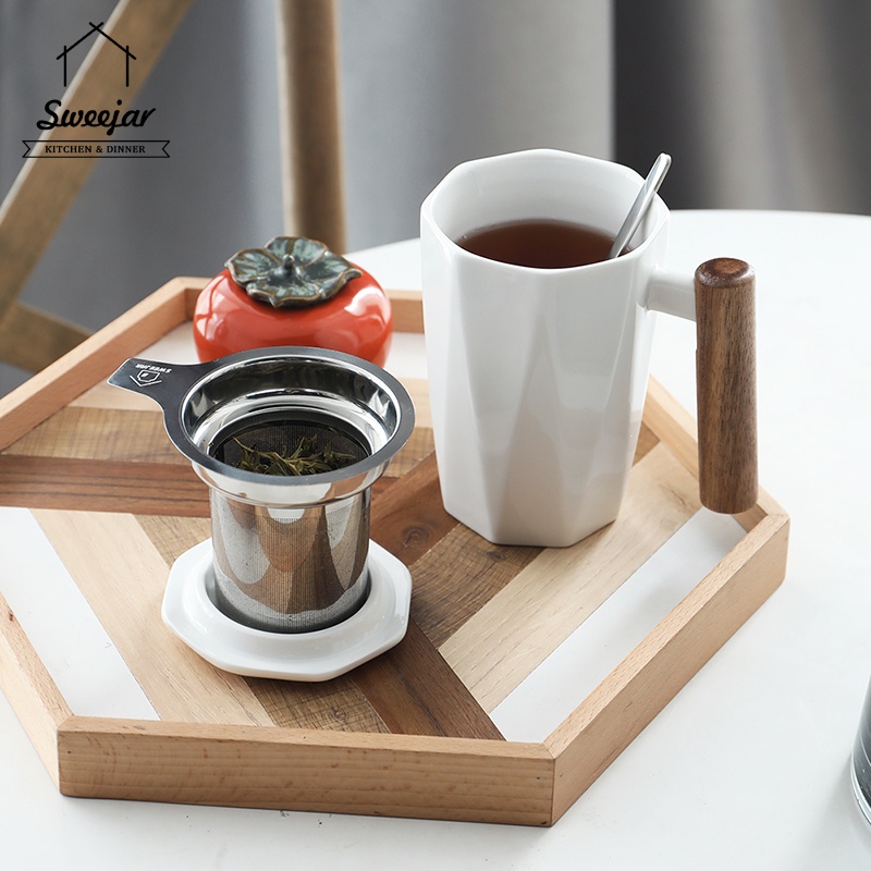 SWEEJAR Porcelain Tea Mug with Wooden Handle Stainless Steel Infuser