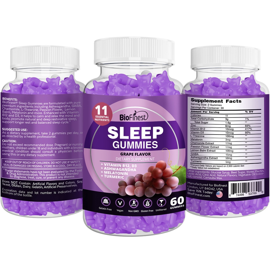 Biofinest Sleep Gummy Supplement Melatonin Ashwagandha Turmeric