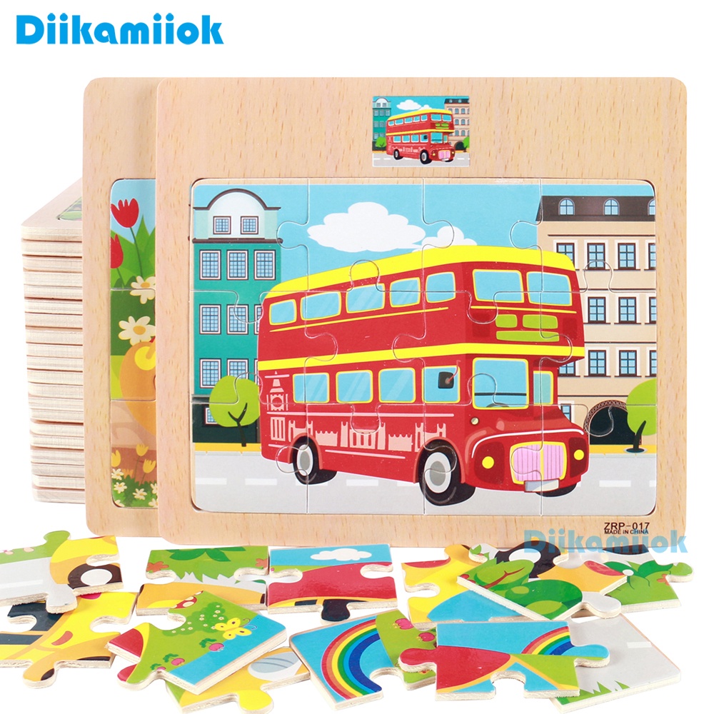 12 Piece Kids Cartoon Animals Vehicle Wooden Puzzle Baby Montessori ...