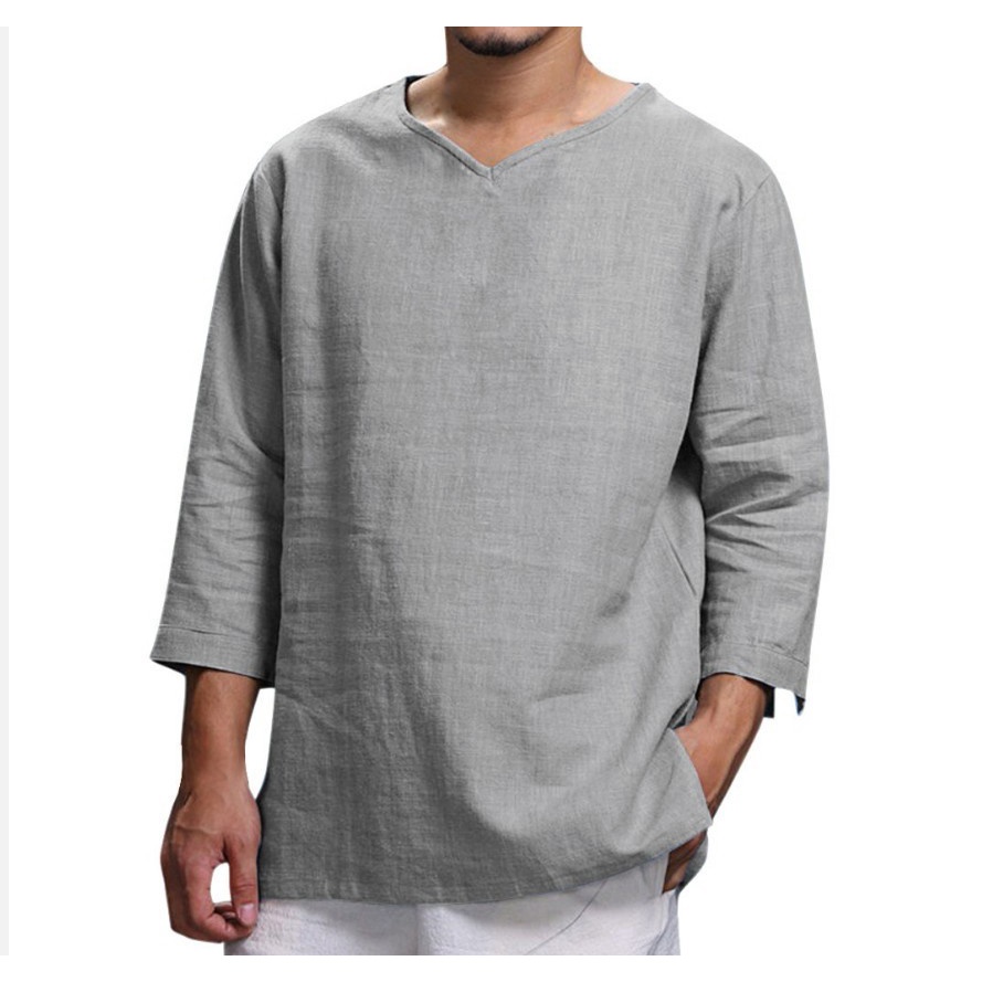 【Plus Size】Men's Cotton Linen T-Shirts 3/4 sleeve Casual Loose ...