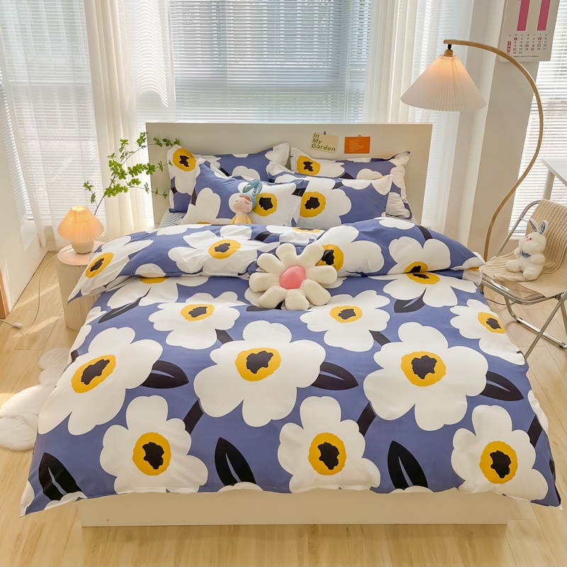 Korean Style Floral Bedsheet Set with Quilt Cover Beddings Polyester
