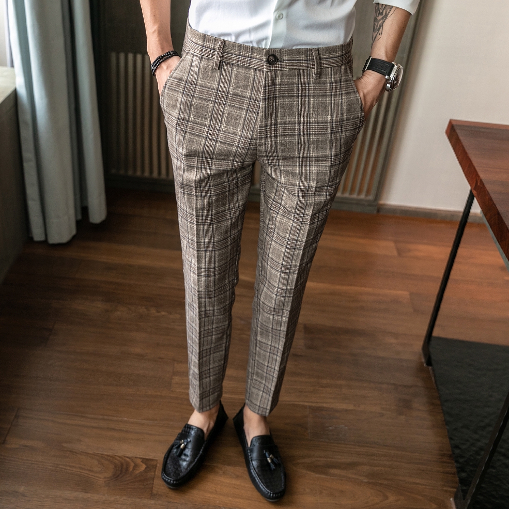 Size 28 36 Men Plaid Ankle length Pants Casual Fashion Korean Style Slim Fit Chinos Formal Trousers Shopee Singapore