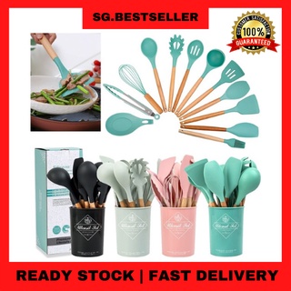 Silicone Baking Utensils - Balloon Whisk, Slotted & Solid Kitchen Spoon,  Spatula, Long Scraper And Pastry Brush, Acacia Hard Wood Handle