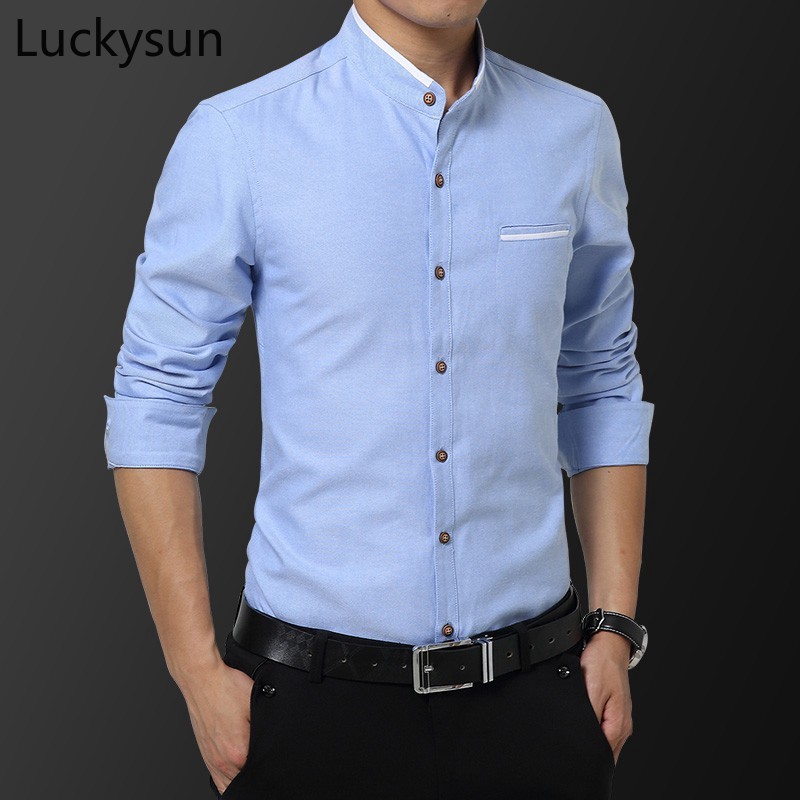 Formal Shirt Men Korean Casual Slim Fit Long Sleeve Stand Collar Shirts ...