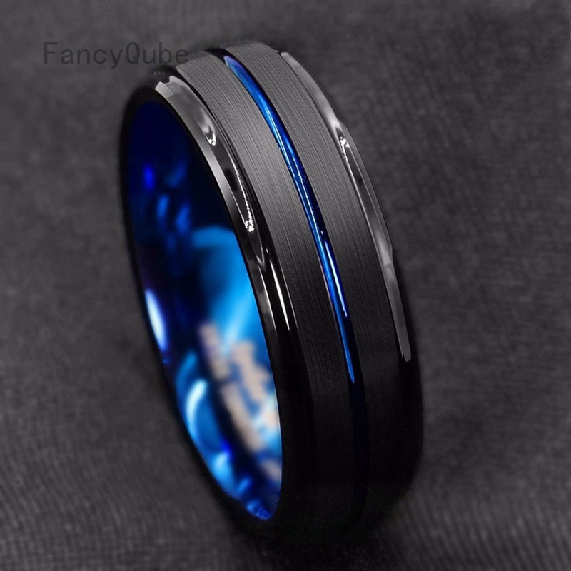 Black Rings 8mm Tungsten Men Ring Thin Blue Line-Inside Black Brushed Band  Men's Jewelr