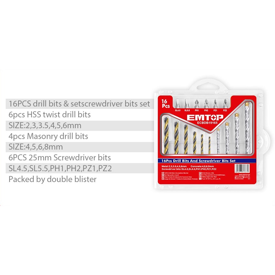 EMTOP 16Pcs Stainless Steel HSS Drill Bits Set &Impact Screwdriver Bits Accessory Set for Wood Metal Drilling ECBDB19165
