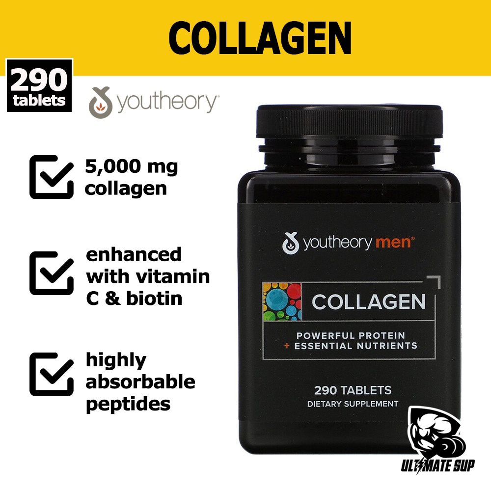 Youtheory, Collagen for Men | Powerful Protein + Essential Nutrients Vitamin C & Biotin | 5000mg Pure Collagen Peptides