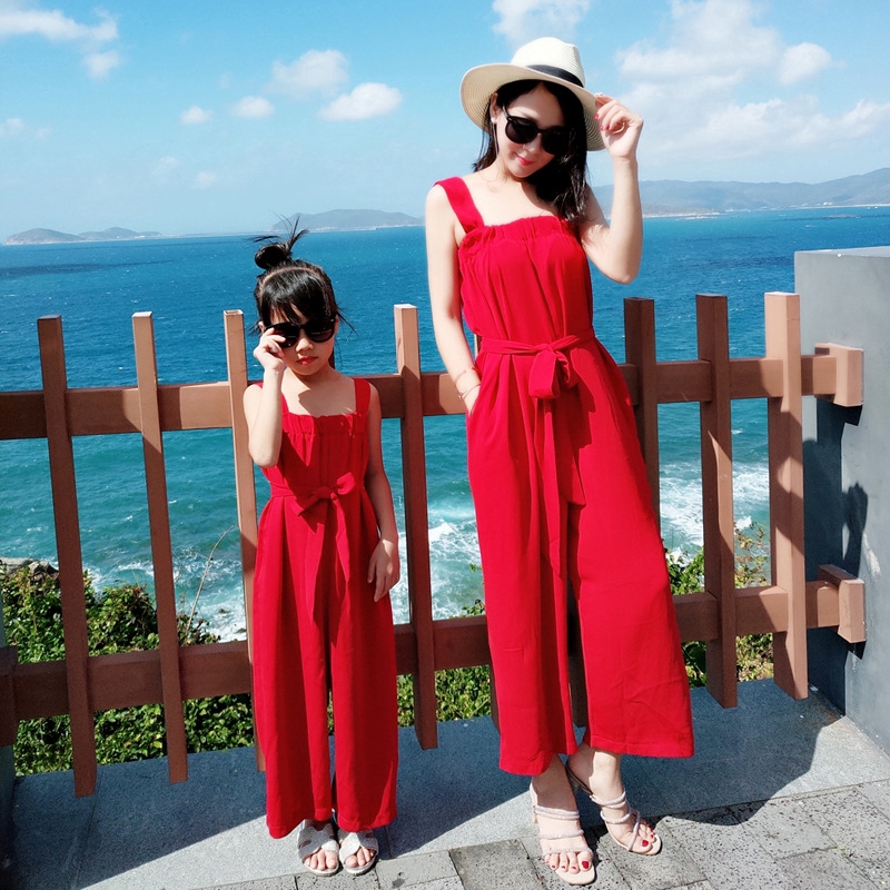 Mother Daughter Matching Beach Rompers Bohemian Wide leg Jumpsuit Mom Women Kids Girl Family Clothes