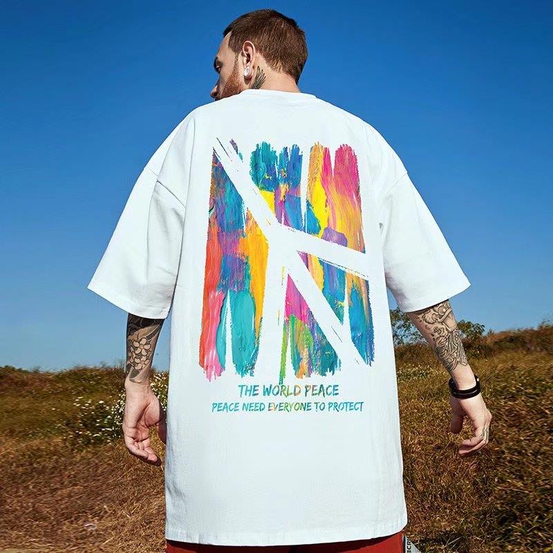 Korean Fashion Style Men's Short Sleeve T-shirt Peace Pattern Design Print Oversized Shirt For Man Casual Streetwear Oversize Tops Hip Hop Clothing
