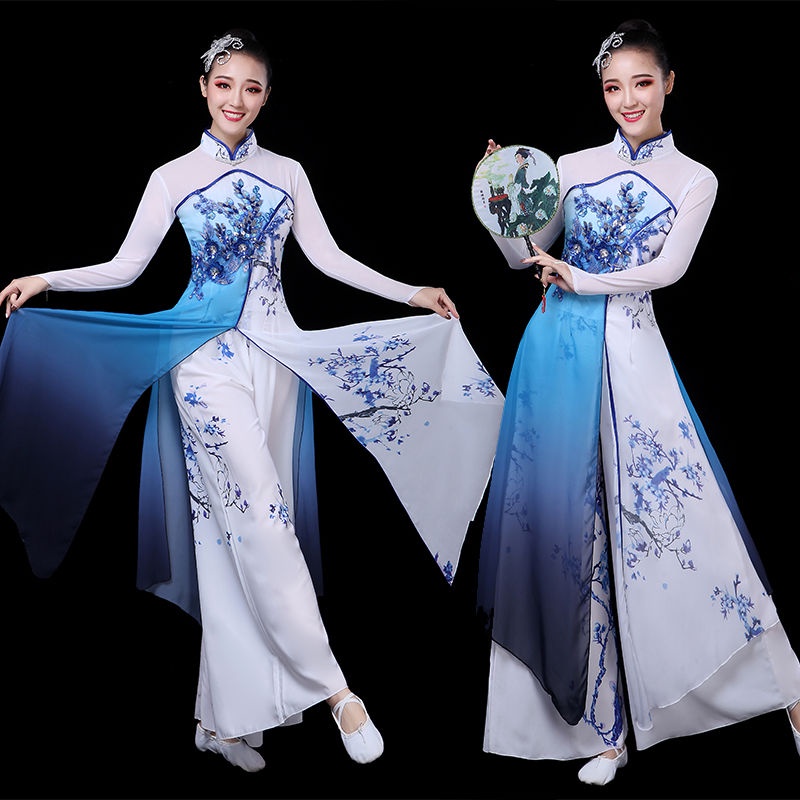 Classical Dance Costume Female Elegant Fan Dance Costume Blue White