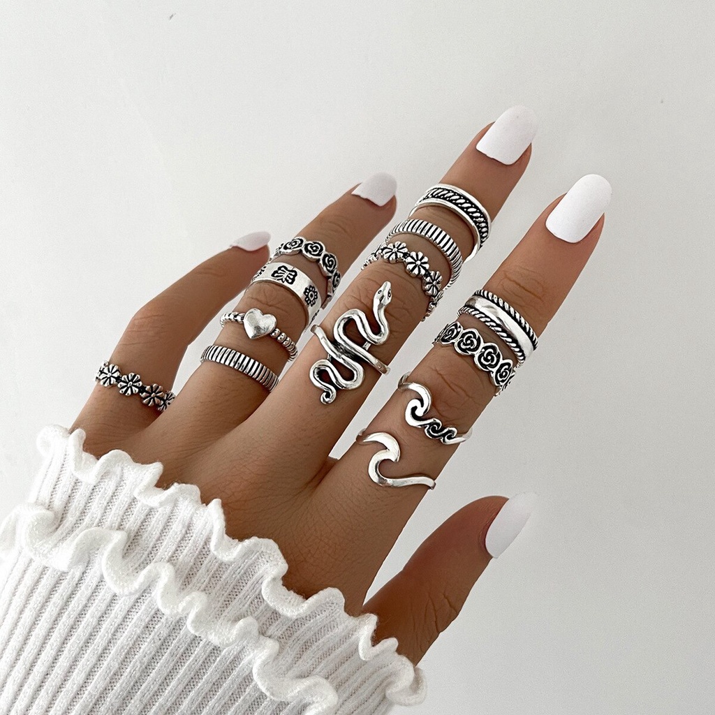 12pcs Vintage Metal Rings Set Snake Moon Punk Style Rings Set for Women Fashion Accessories Jewelry