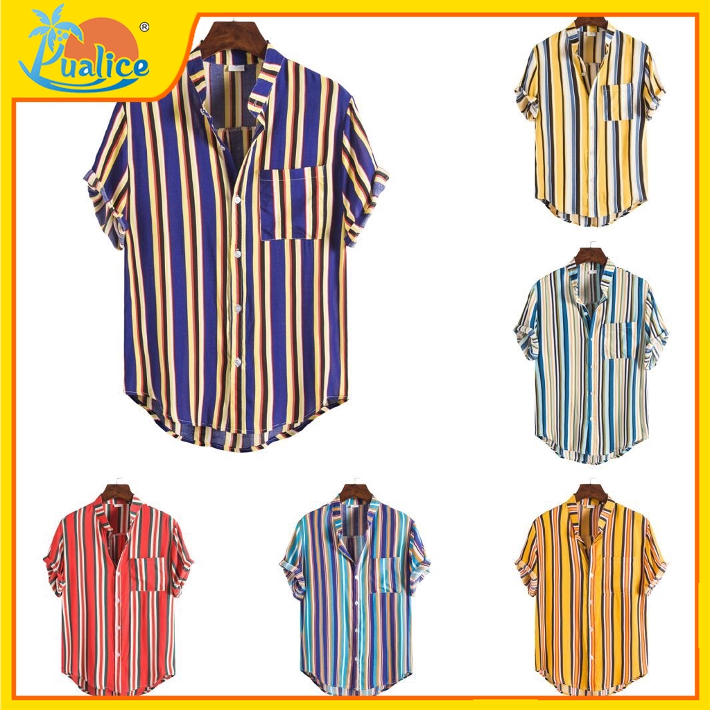 Kemeja Lelaki Men Shirt Stripe Loose Shirt Men Short Sleeve Button Pocket Shirts Casual Beachwear Summer Hawaii Shirt Formal Shirt Beach Fashion Blouse Baju T Shirt Baju Lelaki Tops Men Clothing C