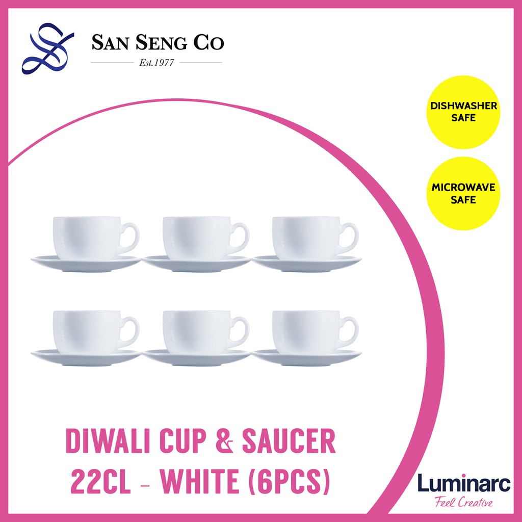 San Seng Luminarc Diwali Cup & Saucer 22CL White (6PC Cup+Saucer Set