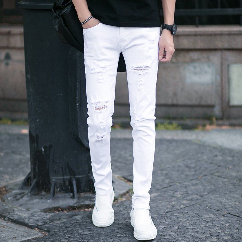 READY STOCK Summer Thin Section Youth White Ripped Jeans Men S Black ...