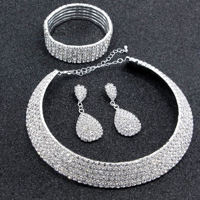 Women Rhinestone Crystal Choker Necklace Earrings + Bracelet + Earrings Set Wedding Jewelry Bridal Accessories @sg