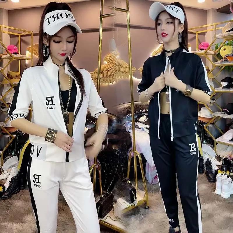 2022 New Fashion Suit Leisure Sports Cardigan Short Sleeve Coat Harlan Pants Two-piece Set