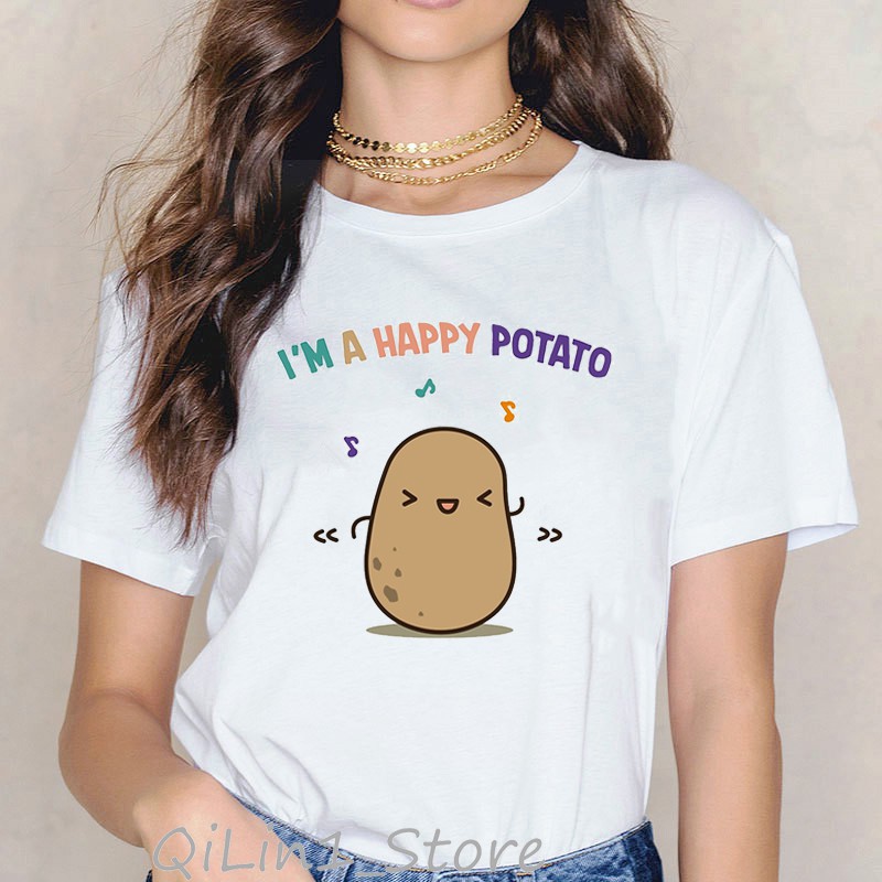 Cute potato printed funny t shirts women harajuku kawaii cartoon print tee shirt femme graphic tumblr clothes white top Shopee Singapore