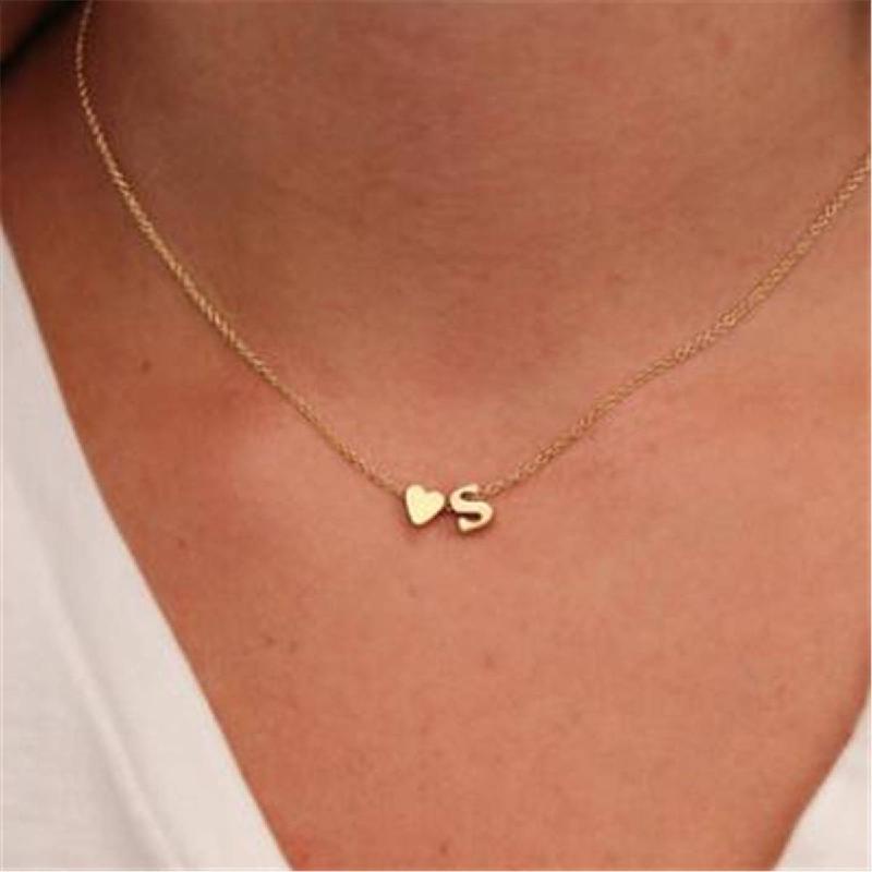 Tiny Heart Initial Pendant Necklace Gold Silver Plated Letter Choker For Women Metal Jewelry Gift