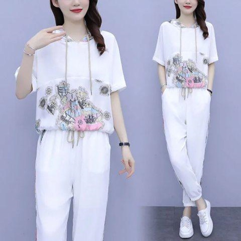 2 Pcs/Set Short-sleeved Sportswear Suit Korean Ladies Fashion Summer New Style Casual Loose Short Sleeve Two-Piece Suit T Shirt + long Pants Lady Tracksuit Women