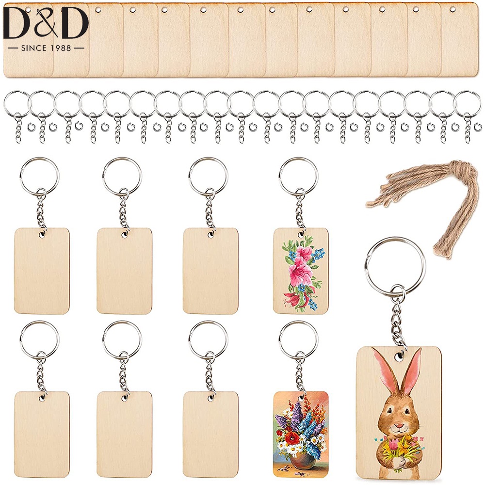 60pcs Blank Wooden Key Chains Rectangle Wood Key Chain Tags to Paint