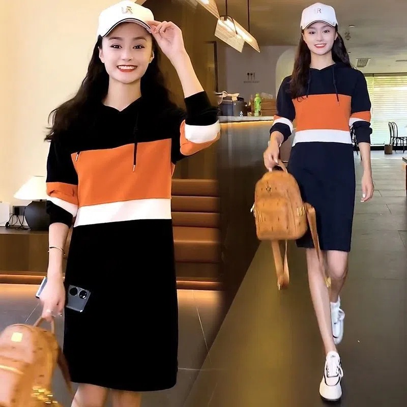 Girls Clothing Women Wholesale Price Contrast Color Stitching Dress Autumn New Style Fashion Loose Korean Version Hooded Pullover T-Shirt Skirt
