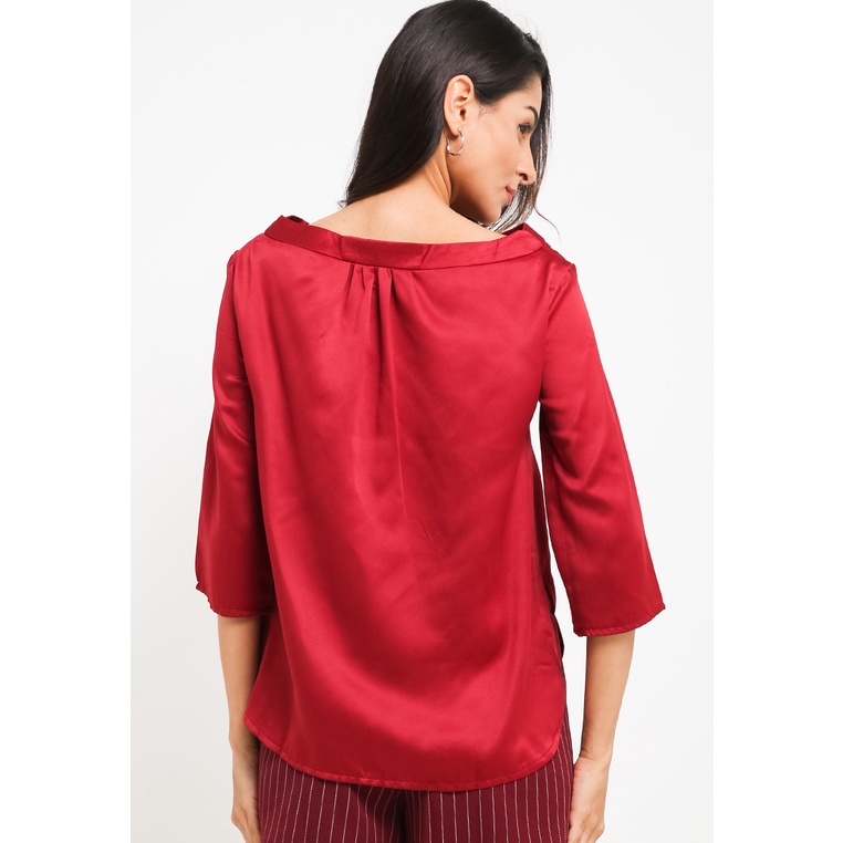 LLACES Clothing - Blouse Wanita - Preppy Silk Blouse - Maroon - Gambar 2