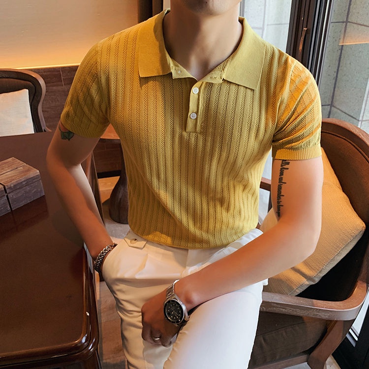 British Style Summer Lapel Short Sleeve Knitted Polo Shirt Men