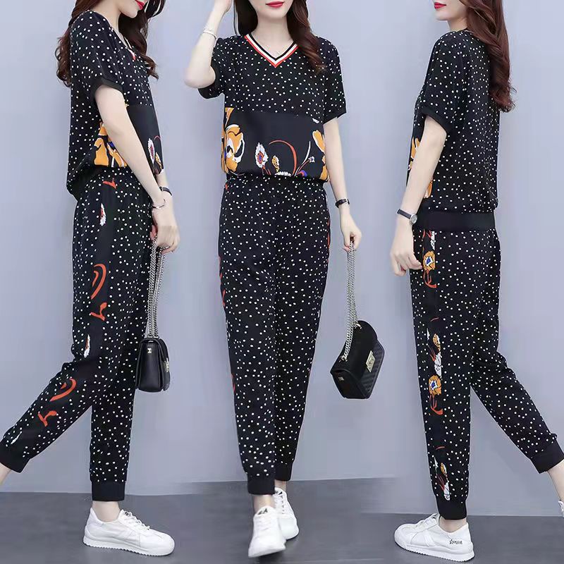 Fashion Casual Sports Suit Women Loose Size Stitching Printing Short Sleeve Two-piece Set