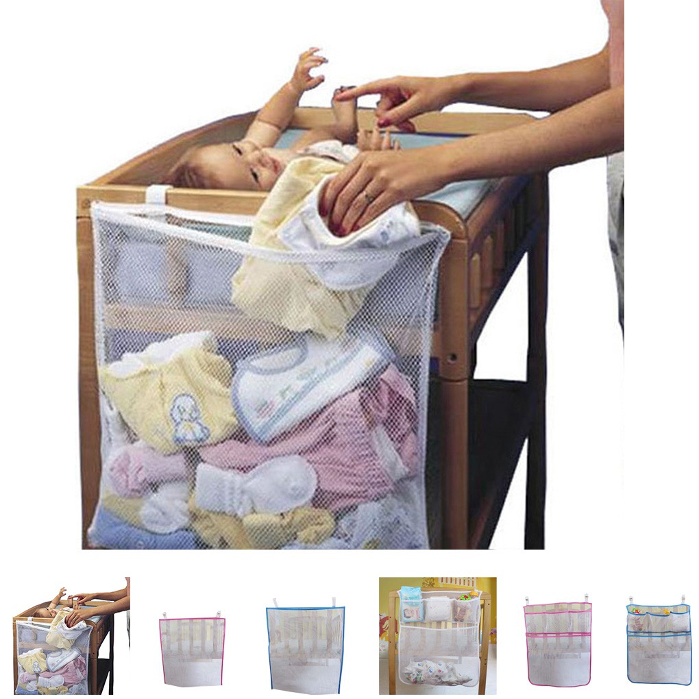 Baby Crib Mesh Bag Newborn Bedside Pouch Bumper Infant Diaper Organizer