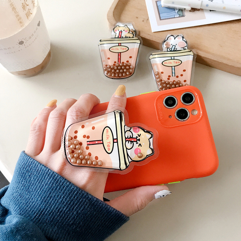 Cute Cat Dog Mouse Drinking Milk Tea Quicksand Mobile Phone Finger Holder Phone Bracket Expanding Stand Phone Folding bracket Finger Ring Buckle Ready Stock [Wodeke]