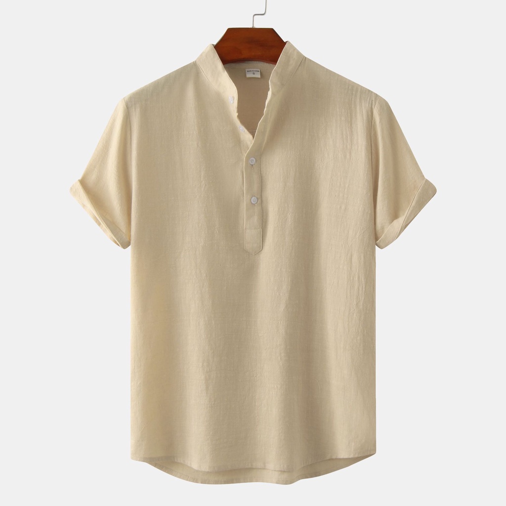 Men's Casual Solid Color Short Sleeve Pullover Shirt Linen Stand Collar ...