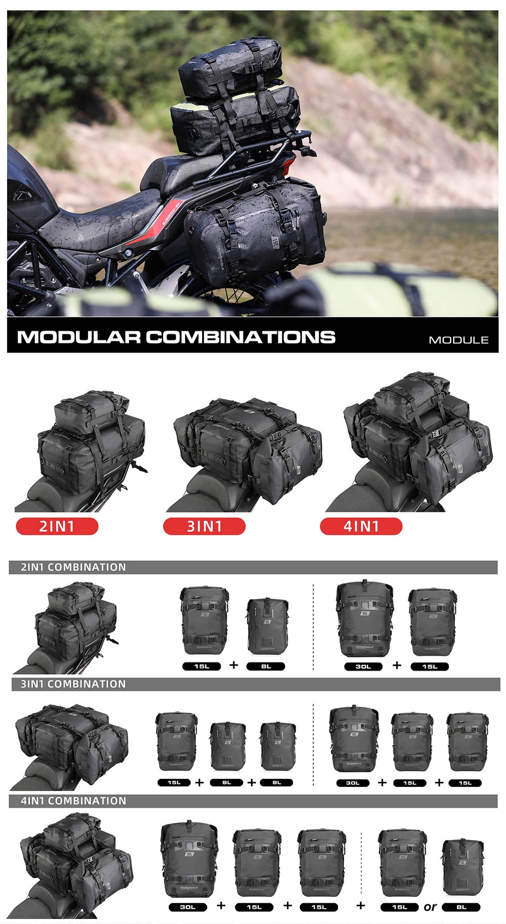 Rhinowalk 8L-30L Waterproof Modular Motorcycle Bag Motorcycle Saddle ...