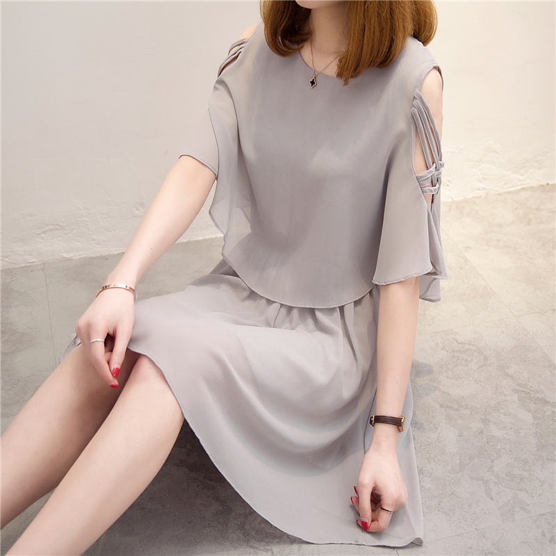 Chiffon Dress Mid-Length New Style Korean Version Slimmer Look Short Sleeve  High Waist Off-The-Shoulder Wom