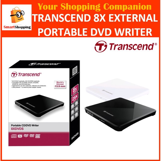 Transcend 8X External Slim Portable USB DVD Writer White Black Windows & Mac OS Compatible