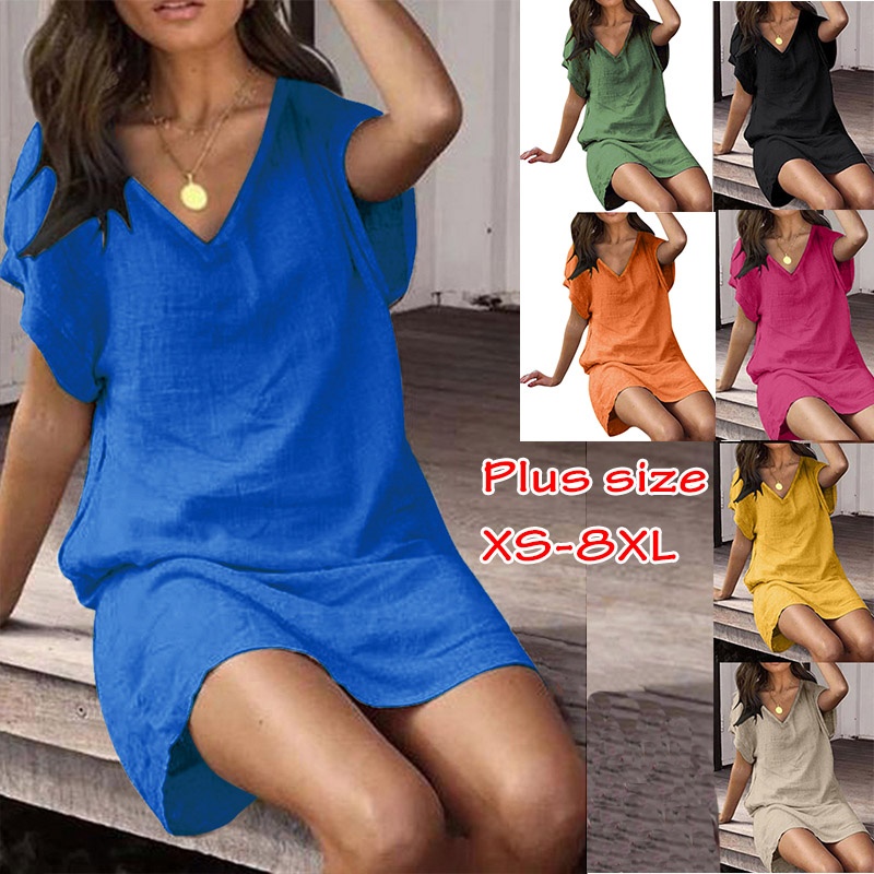 Oversized women s T shirt dress summer V neck short sleeved loose linen midi dress solid color Shopee Singapore