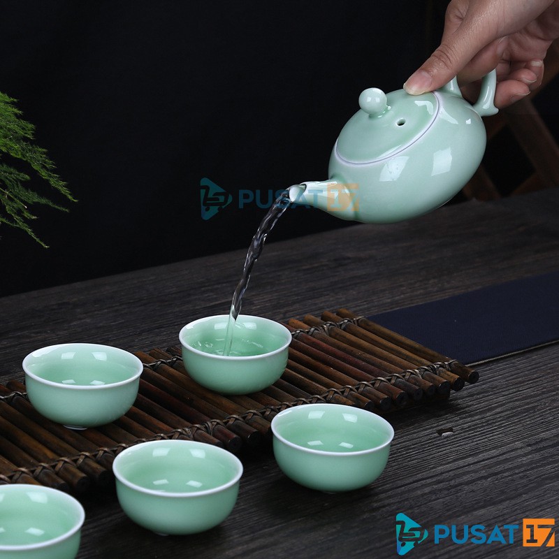 CHINESE TEA POT SET CERAMIC 6 CUP / TEKO TEH CHINA 6 CANGKIR KERAMIK SET / SOUVENIR GIFT CLASSIC - Gambar 3