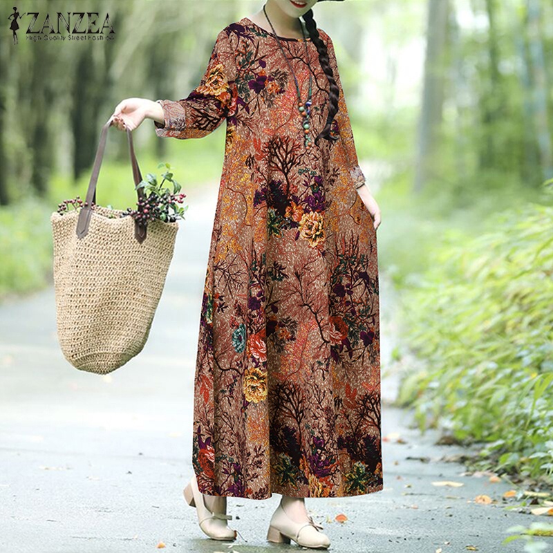 ZANZEA Women Vintage Printed Loose Cotton Linen Long Dress | Shopee  Singapore