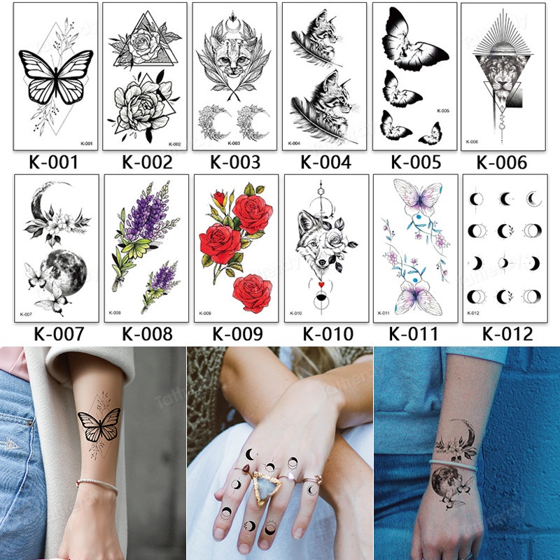 12Pcs/Pack sketch tattoo designs small hand finger armband sleeve temporary  tattoo sticker black cross snake lotus peony | Shopee Singapore