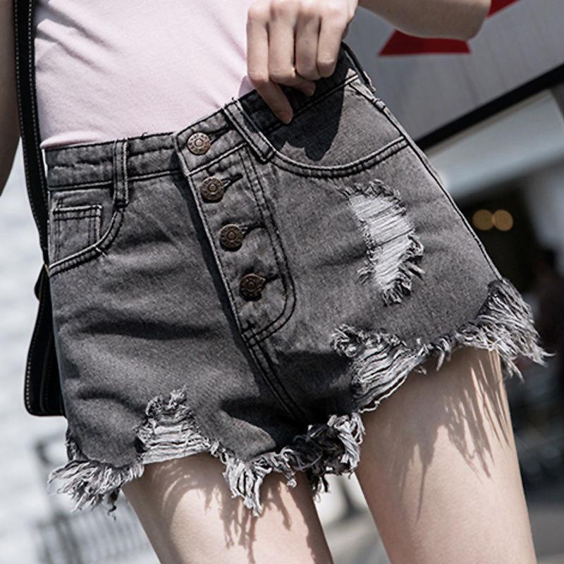 High waist ripped denim shorts female summer new style Korean ins