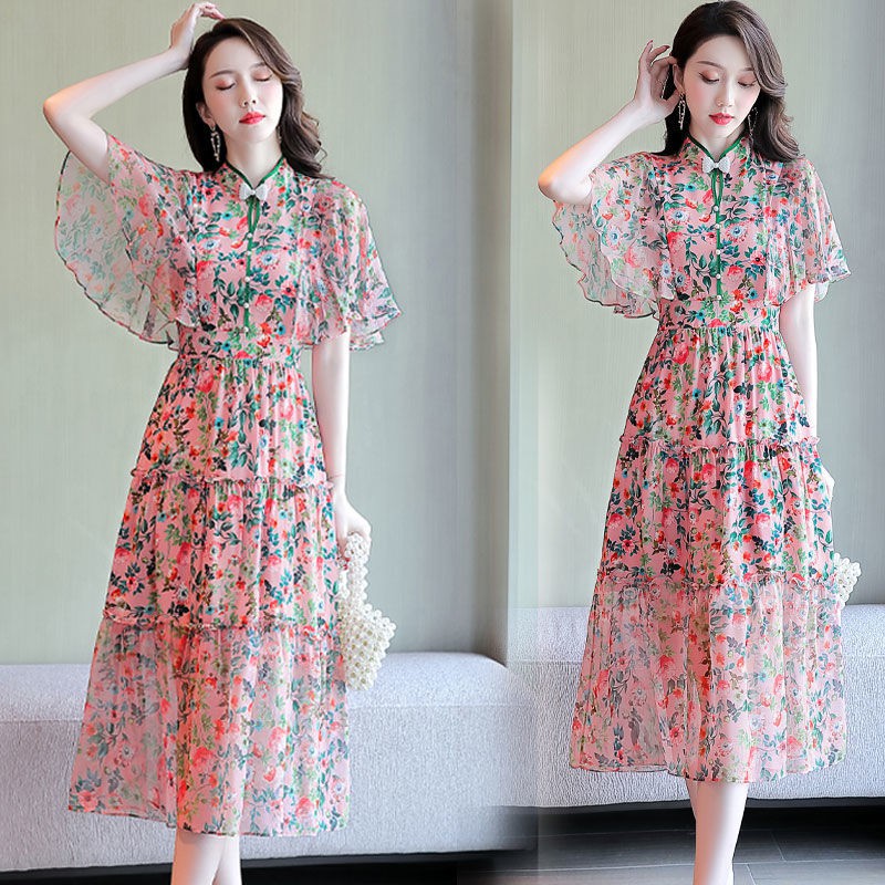 Women Summer Dress Women Fashion Short Floral Print Chiffon Dress Female  Summer Cake Dress