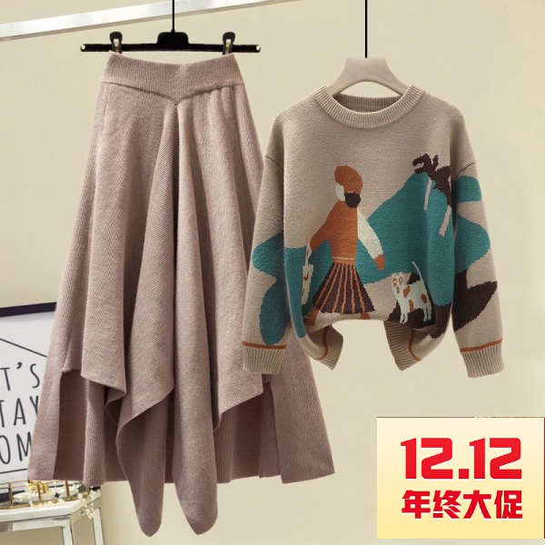 [Your Hundred Charms Fashionable Women's Clothing] Large Size Autumn Winter Suit Women 2021 Knitted Sweater Loose Slimmer Look Half Skirt Two-Piece Japanese Korean Style Girls Clothing