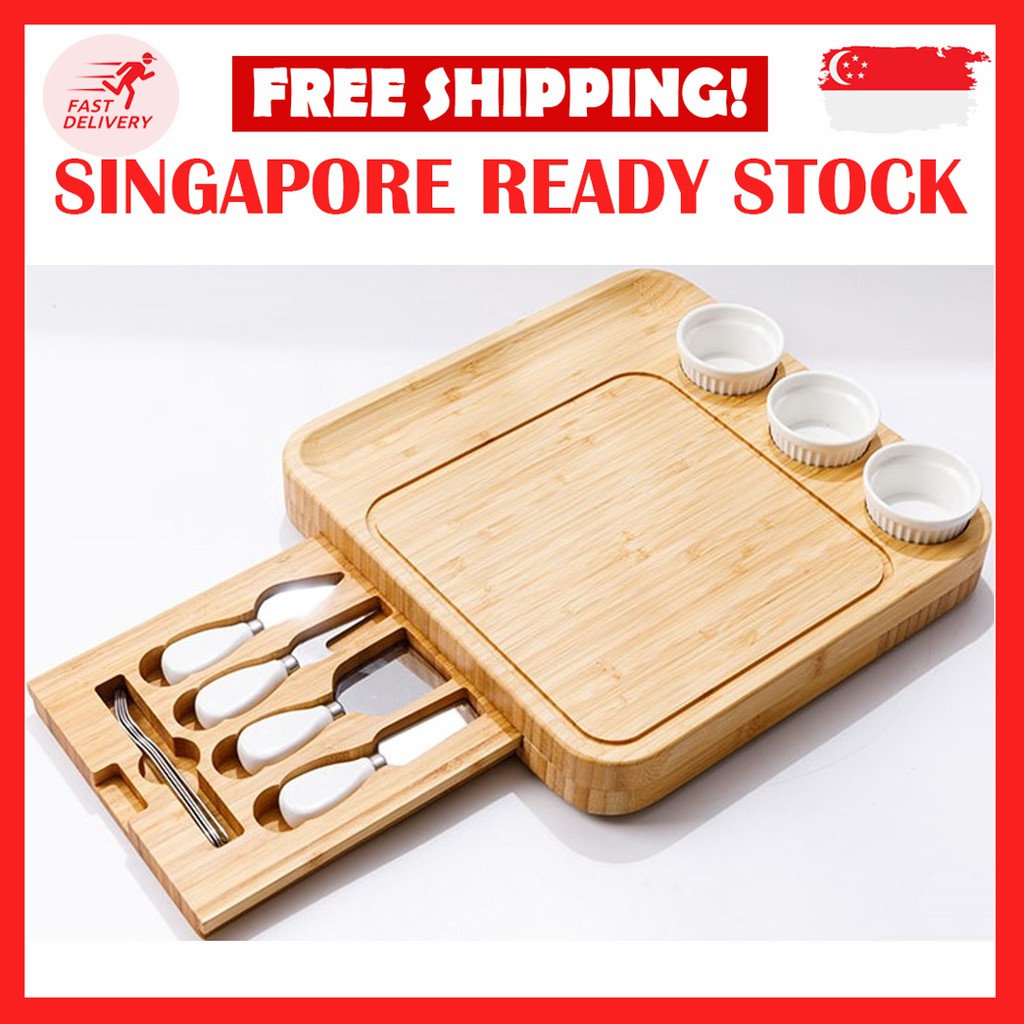 BAMBOO CHEESE BOARD SET WITH 4 CHEESE KNIVES 3 CEREMIC BOWLS SERVING ...