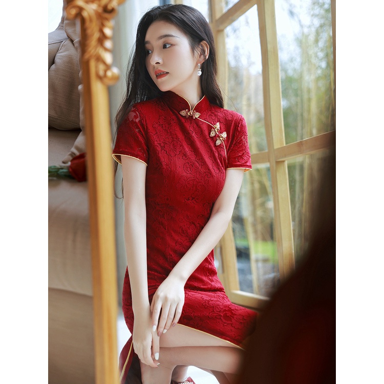 Ready Stock New Style Cheongsam Improved Burgundy Toast Dress High End Feeling Temperament Long MZ4T Shopee Singapore