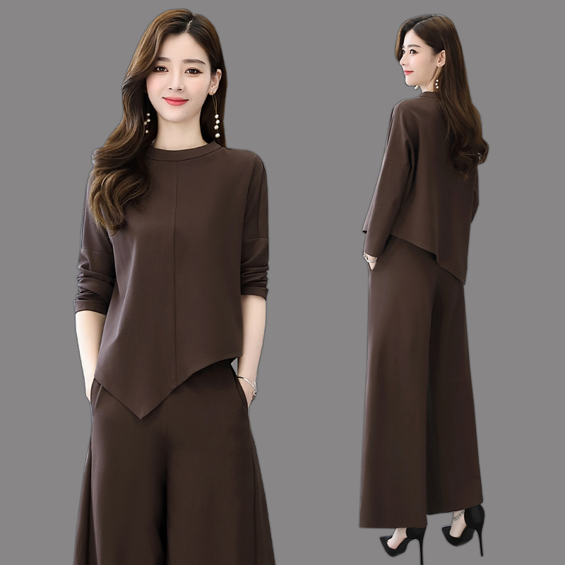 Women's Clothing Fashion Casual Set Wear Loose Top Wide Leg Pants Lady Elegant OL Office Work-Wear Pakaian Wanita