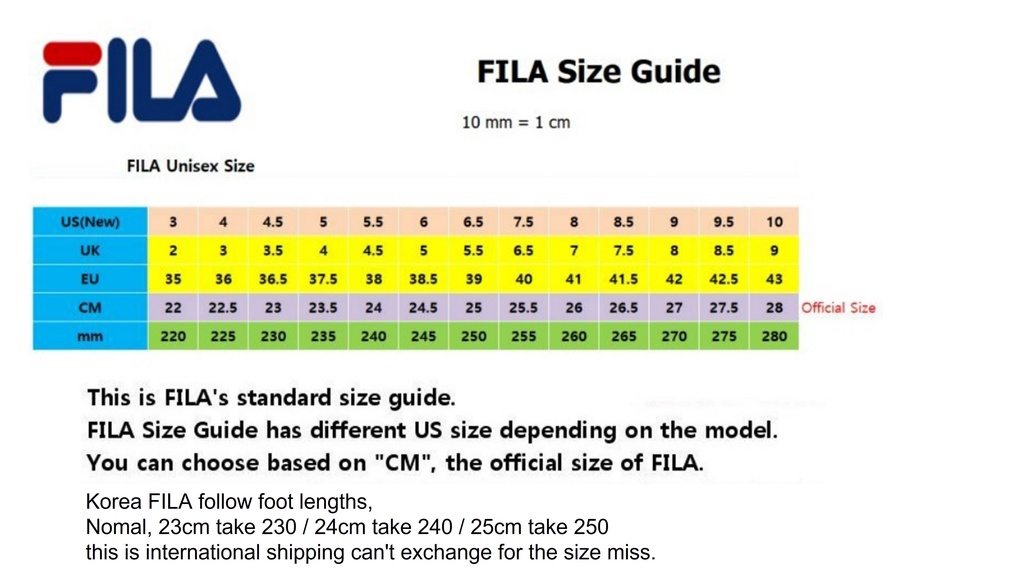 Fila size store guide cm