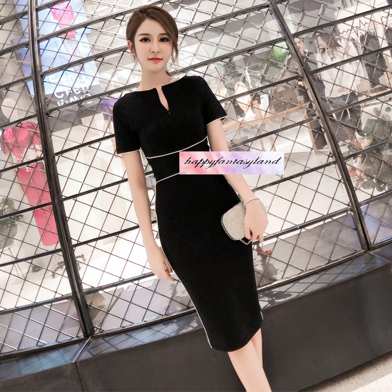 Korean Ins professional round neck short sleeved mid length slim fit hip  waist summer OL formal dress bodycon dress | Shopee Singapore