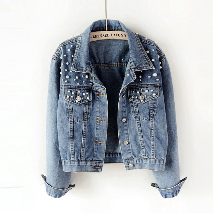 Ladies Short Denim Jacket Female Foreign Trade Beaded Pearl Loose Denim Clothing