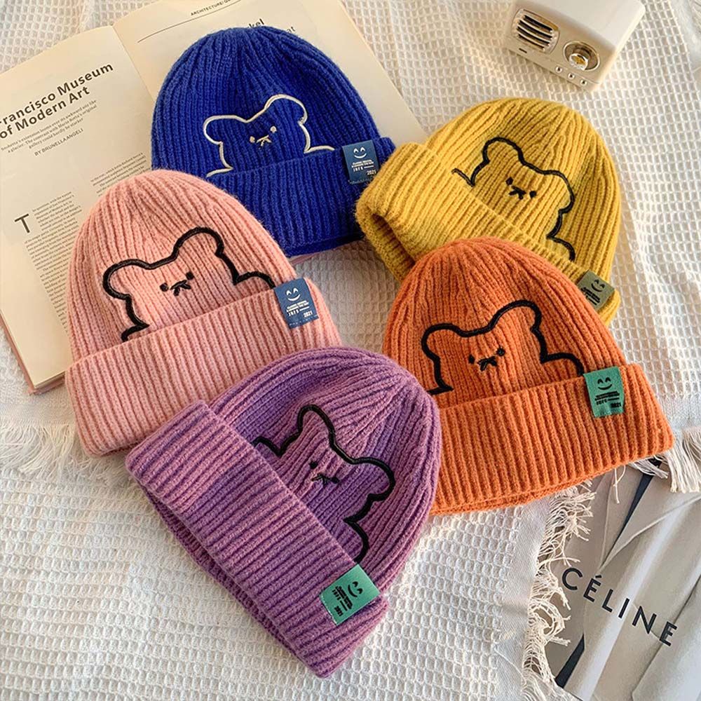 Tompik Assorted colour Lovely Korean Style Caps Pack of 1 Cute Women  Beanies Knitted Hat All-match Autumn Embroidered Bear Warm Skullies Simple  Wool