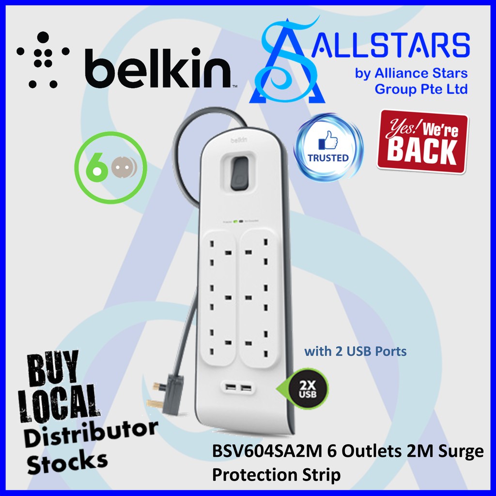 BELKIN BSV604 / BSV604SA2M 6 Outlets 2M Surge Protection Strip With 2 ...